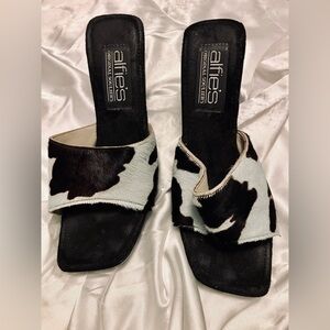 Women's Shoes vintage heel slides beautiful turquoise and black fur